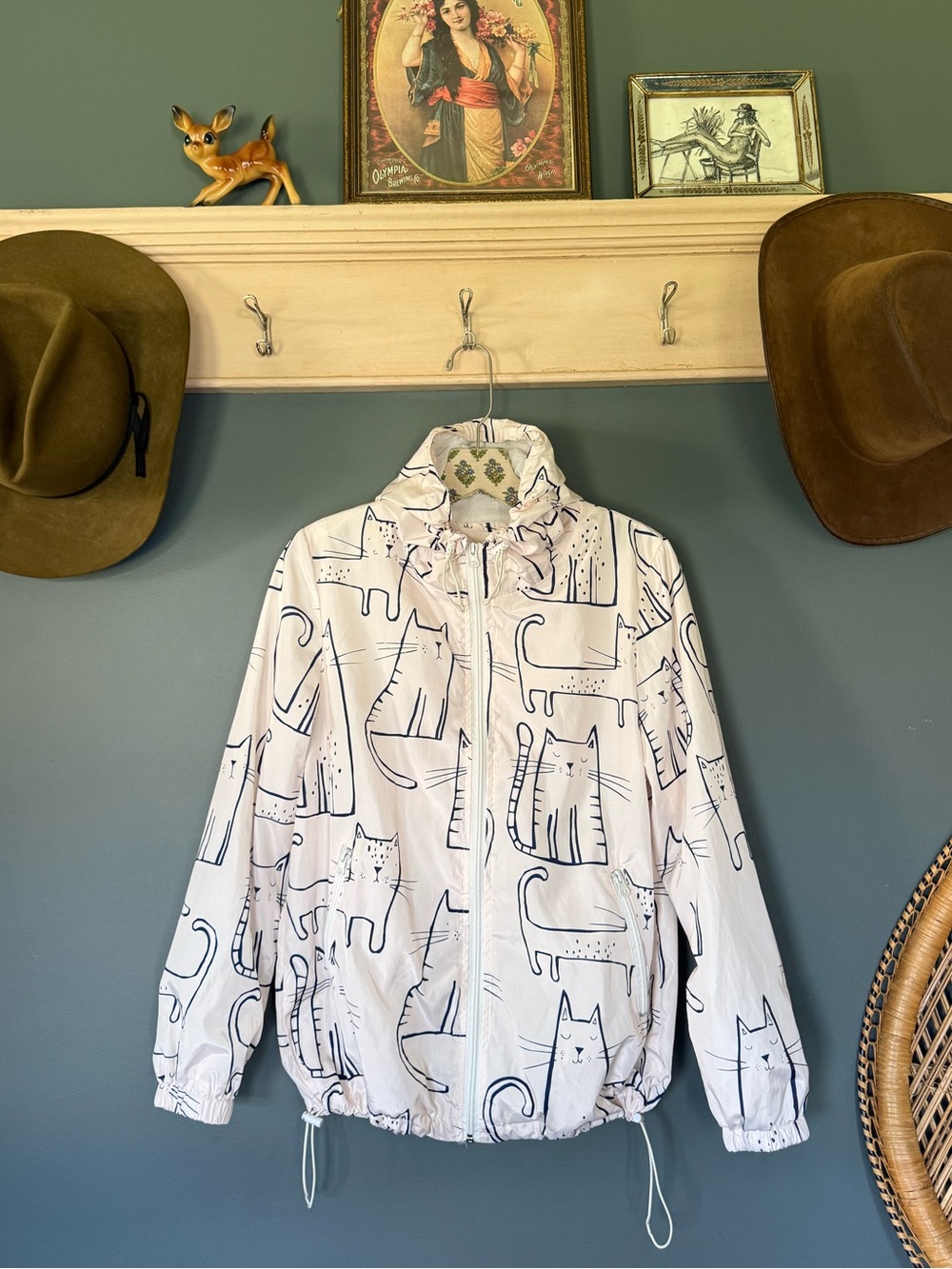 Lightweight White Cat Print Hooded Windbreaker Jacket